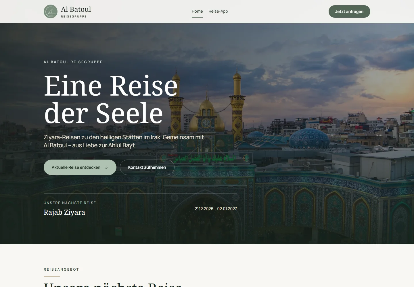 Screenshot der Al-Batoul-Reisewebsite für Ziyara-Reisen in den Irak.