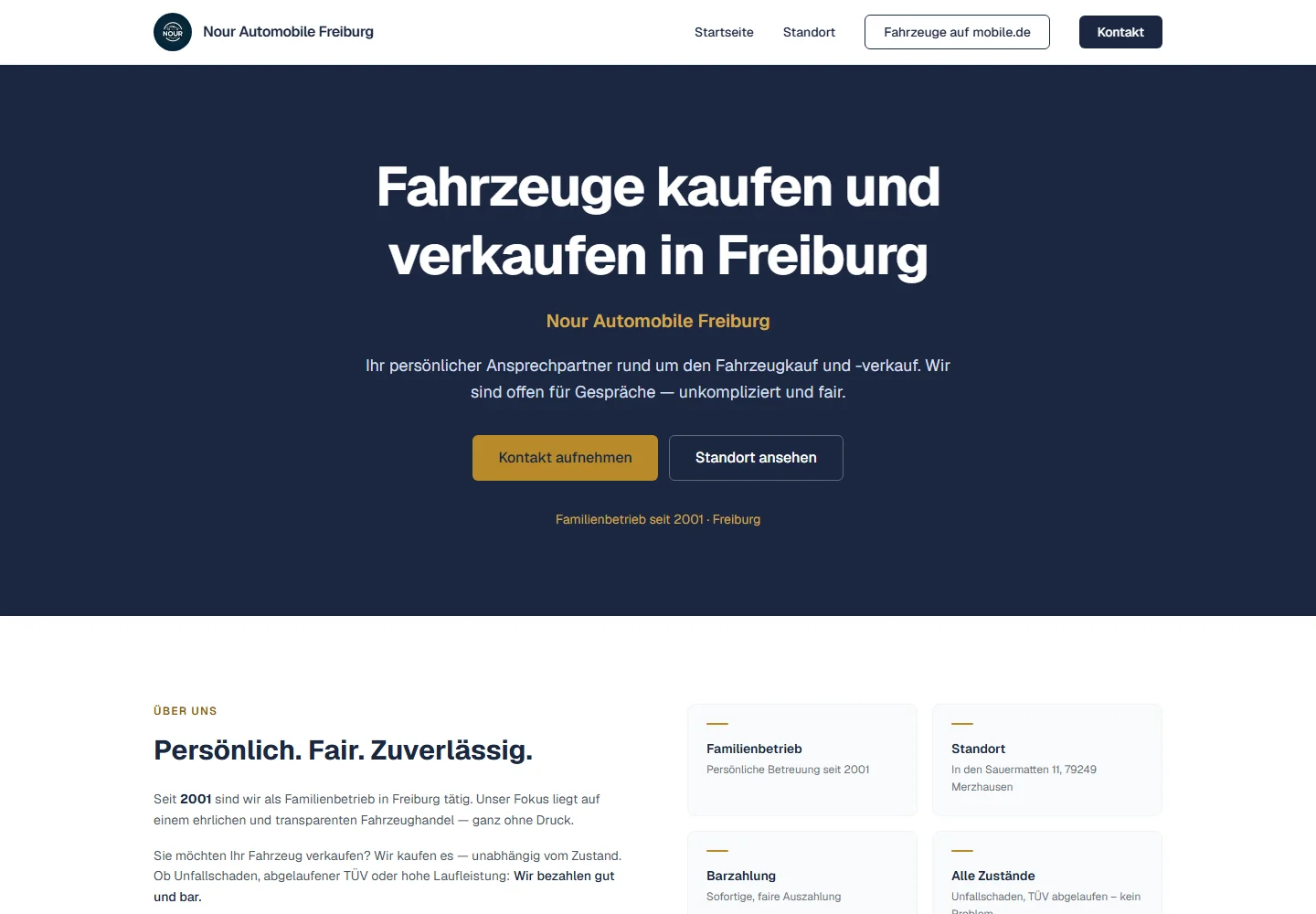 Screenshot der Website Nour Automobile mit Fahrzeughandel und Kontaktmöglichkeiten.